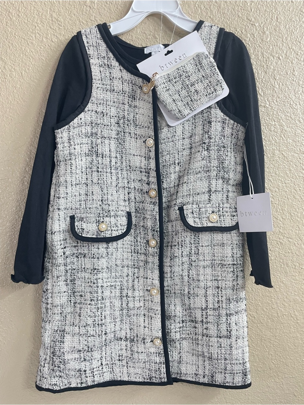 Btween Girls Tweed Dress Set Long Sleeve Shirt Matching Coin Purse Size 6
